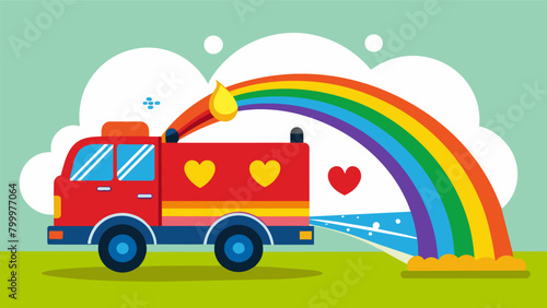 The fire truck spraying a rainbow of water symbolizing not only the fight against flames but also the diversity and unity within the community.. Vector illustration