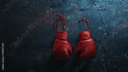 Red boxing gloves hanging on dark wall with copy space. Boxing background concept. © Oulaphone