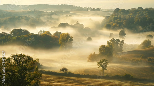 misty morning in the countyside forest photo