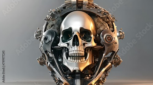 Abstract half robotic skull laughing hysterically with wide open mouth, creating surreal and intriguing concept photo