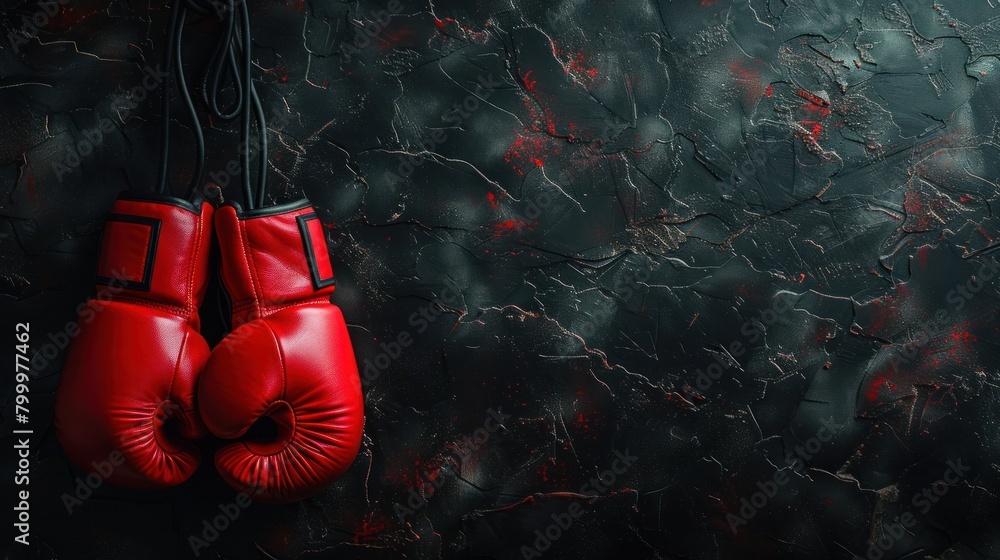 Red boxing gloves hanging on dark wall with copy space. Boxing background concept.