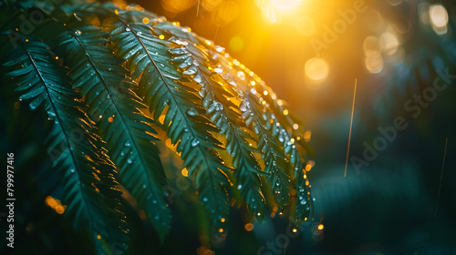 fern leaves adorned with rain in a tropical