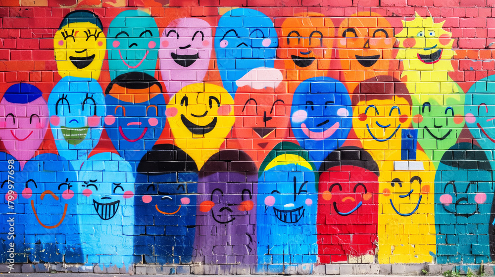 Obraz premium A colorful mural of people with big smiles on their faces. The mural is a representation of a happy and positive community. Ideal for unity, community events, or multicultural marketing themes