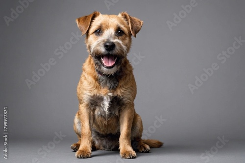 sit Glen of Imaal Terrier dog with open mouth looking at camera, copy space. Studio shot.