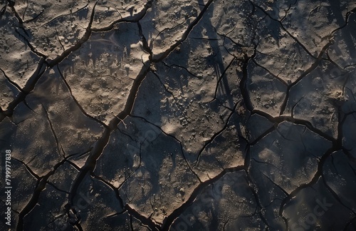 A desert landscape including a dry riverbed, fissured dirt, and several dry, dark patches, with human-shaped shadows formed in the ground