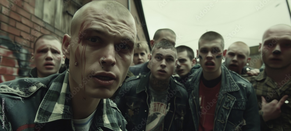 Intense image of a group of young men with a punk look, some sporting tattoos and face paint, exuding a confrontational vibe. Intense image of a group of young men with a punk look, some sporting tattoos and face paint, exuding a confrontational vibe.