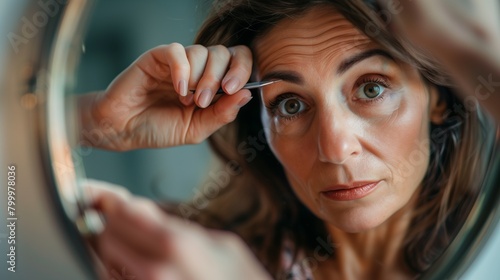 Close-up of a mature woman tweezing her eyebrows while looking in a mirror, reflecting concentration and beauty care. photo