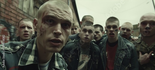 Intense image of a group of young men with a punk look, some sporting tattoos and face paint, exuding a confrontational vibe. photo