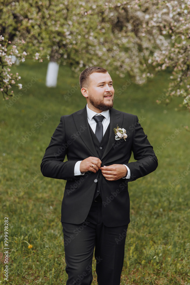 The groom dressed in a black suit walks forward on green grass in nature. An elegant man in a classic black suit The groom dressed in a black suit walks forward on green grass in nature. An elegant man in a classic black suit
