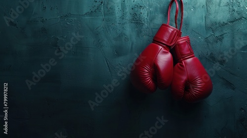 Red boxing gloves hanging on dark wall with copy space. Boxing background concept. © Oulaphone