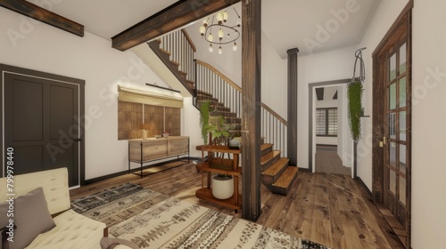 Free photos of stairs to the second floor of a luxurious house decorated in white. design of a living room in a house with tables and chairs on a wooden floor