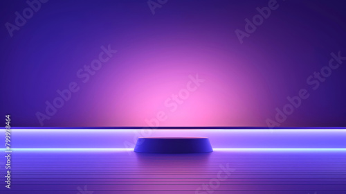 Podium round shape with purple neon light stands on wooden floor in dark room