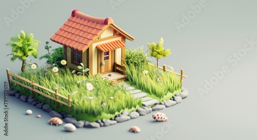 3D cartoon House and garden  rice field