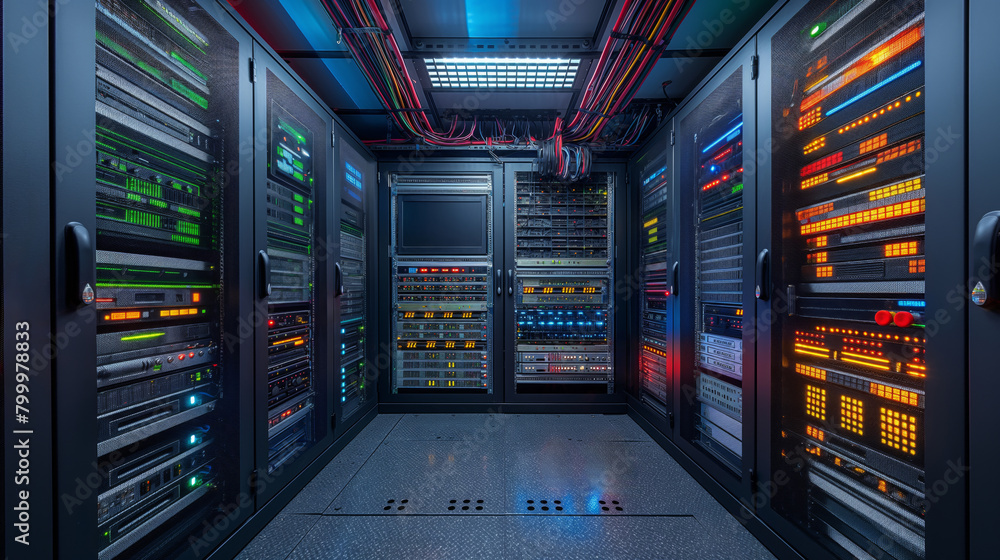 Server room with cabinets full of electronic equipment, internet connection and communication Server room with cabinets full of electronic equipment, internet connection and communication