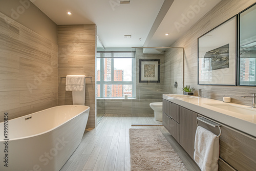 Luxurious Chicago high-rise bathroom with minimalist design  featuring a frameless mirror and soft morning light.