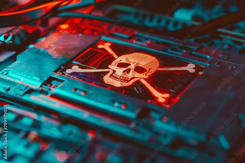 Fototapeta premium A close-up of a floppy disk with a holographic skull and crossbones emblem, a symbol of digital piracy in a nostalgic landscape