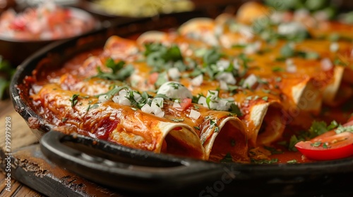 Baked Enchiladas Topped With Melted Cheese  Fresh Tomatoes  And Herbs In A Pan  Surrounded By Ingredients  Cozy Kitchen Setting. Mexican Cuisine. AI Generated