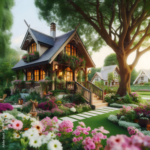 A beautiful house with a lovely garden near the tree.