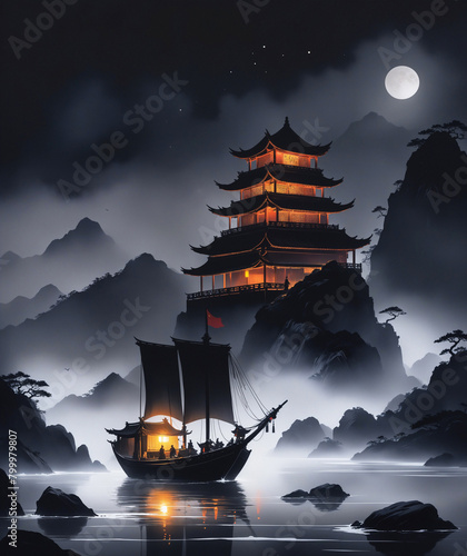 Boat on river with buildings in the background, under a moonlit sky. © magann
