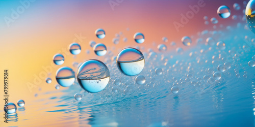 Water bubbles in a pool, with reflections of the bubbles on the surface, against a pink, orange, and yellow background. © magann