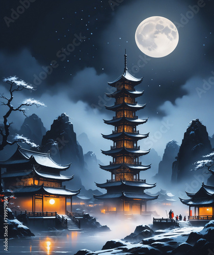 Moonrise over a village with pagodas and trees in the background © magann