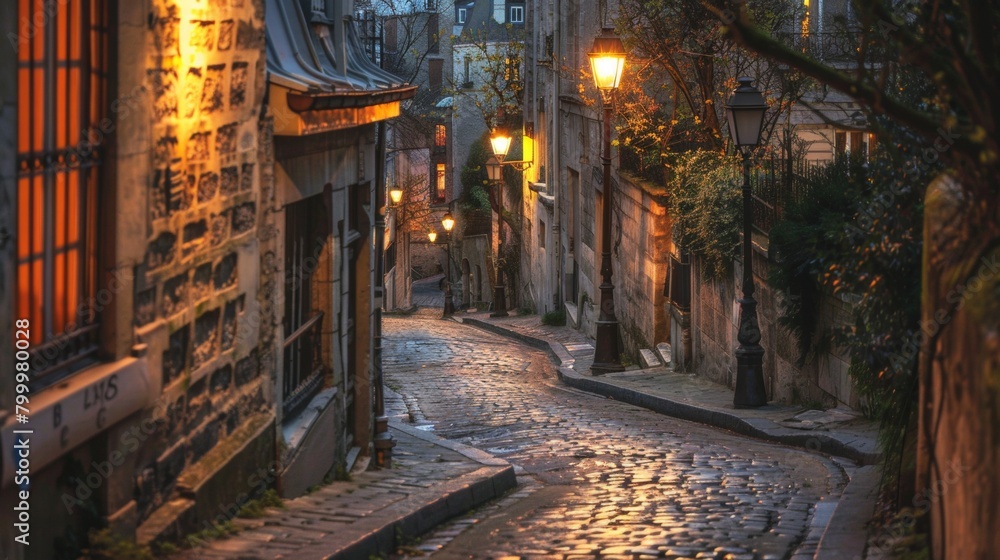 A quiet side street illuminated by vintage street lamps, cobblestones gleaming, panoramic view
