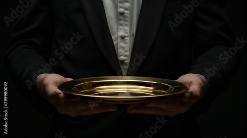 Close-up of a man in a dark suit and white waistcoat holding an empty golden tray, against a black background. photo