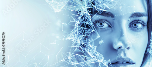 A woman's face is shown in a blue background. The image has a futuristic and abstract feel to it, with the woman's face being focus. young woman with face, composed of shattered neuronal network photo