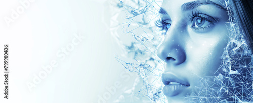 A woman's face is shown in a blue background. The image has a futuristic and abstract feel to it, with the woman's face being focus. young woman with face, composed of shattered neuronal network