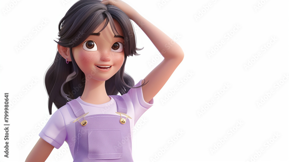 Portrait cute kawaii positive excited K-pop cartoon girl in fashion casual clothes purple overalls touches her head with hand, stands with happy face expression. 3d render isolated Portrait cute kawaii positive excited K-pop cartoon girl in fashion casual clothes purple overalls touches her head with hand, stands with happy face expression. 3d render isolated