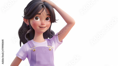 Portrait cute kawaii positive excited K-pop cartoon girl in fashion casual clothes purple overalls touches her head with hand, stands with happy face expression. 3d render isolated