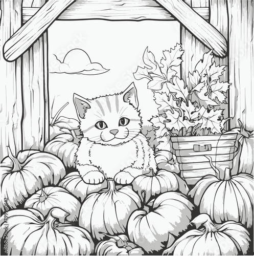 cat  with pumpkins , coloring illustration 