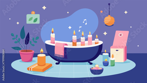 A relaxing bath with scented candles and soothing music for a peaceful and hygge experience..