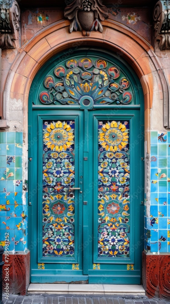 Colorful mosaic tiles adorning the entrance of an old apartment building, close-up detail