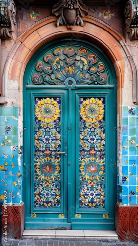 Colorful mosaic tiles adorning the entrance of an old apartment building, close-up detail