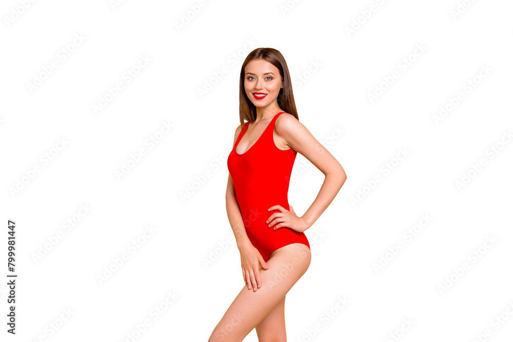 Charming young brunett girl with big smile looking at camera and stand in half turn isolated on vivid yellow background with copy space Charming young brunett girl with big smile looking at camera and stand in half turn isolated on vivid yellow background with copy space