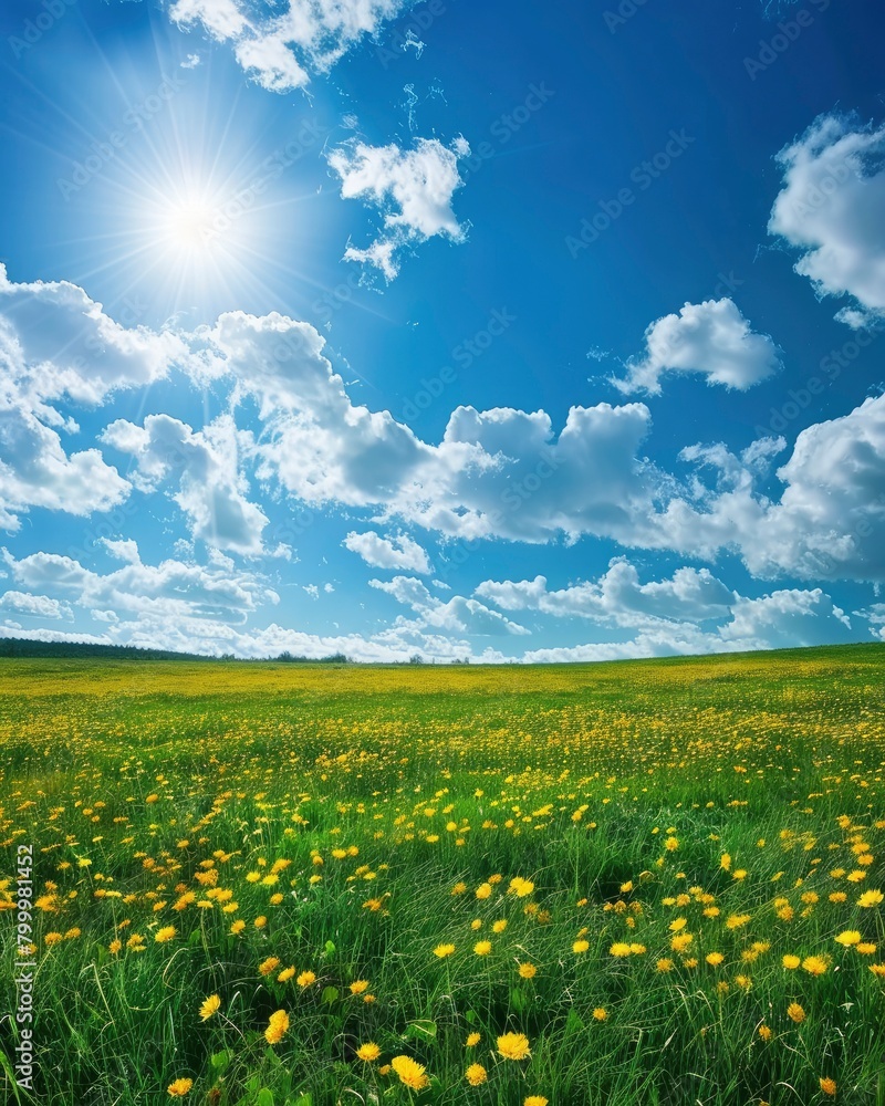 Blue sky, white clouds and green grassland background