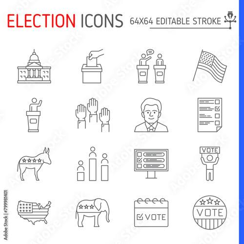 Election line icon set, voting vector collection, logo illustrations, politician vector icons, outline style pictogram pack, editable stroke icons.