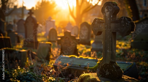 Sunset illuminates a mossy cross in a peaceful, old cemetery filled with grave markers.