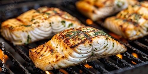 halibut fish grilled on a grill barbecue.