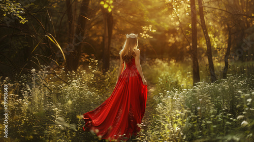 Beautiful young woman princess in long red silk dress