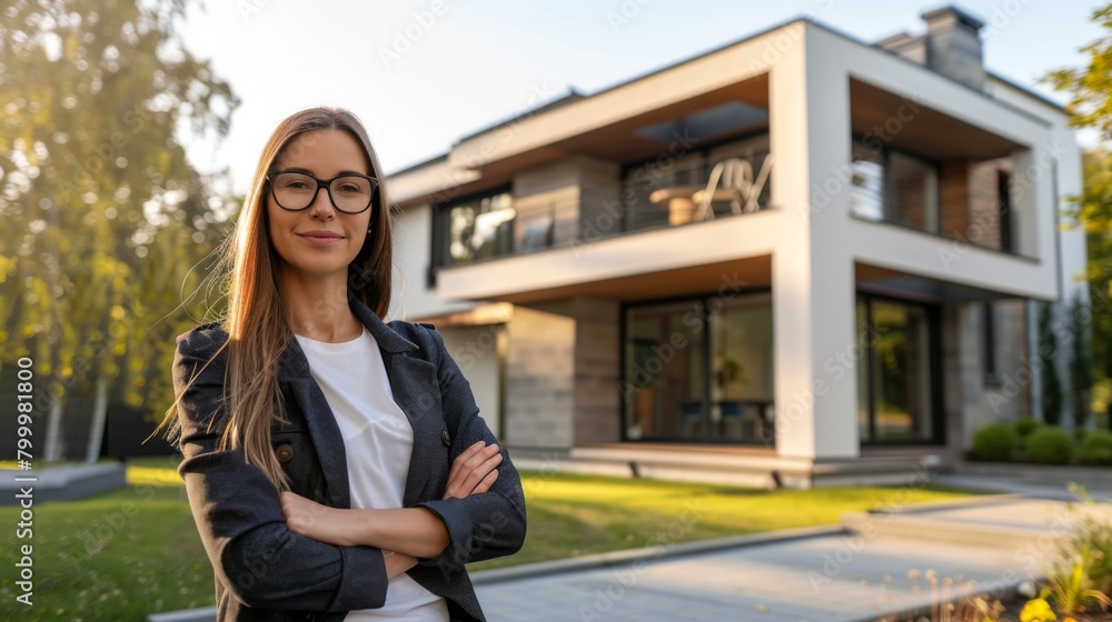 Real state woman agent standing in front of a house