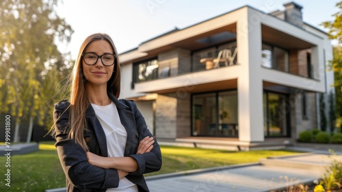Real state woman agent standing in front of a house