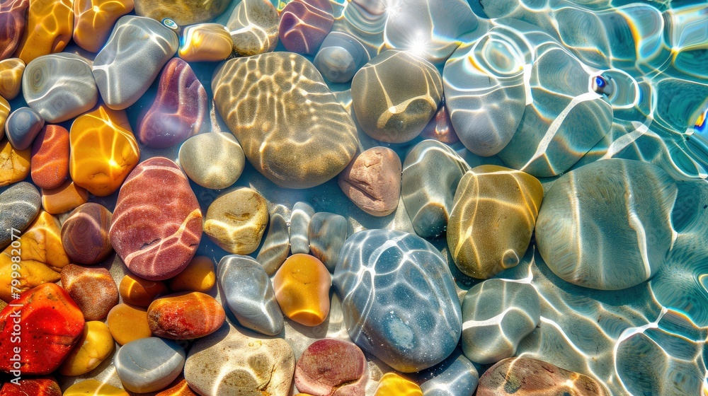 Colorful pebbles in clear water with a colorful background in a top view