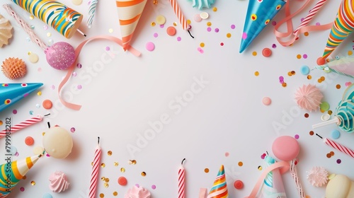 Colorful party supplies and decorations on a white background with empty space in the Center