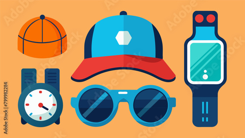 A set of trendy and functional accessories including a sports cap sunglasses and a waterresistant watch to elevate any athletic outfit..