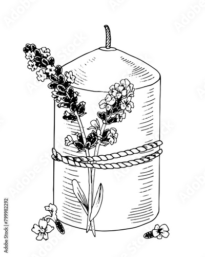 A candle with a rope around it and lavender flowers. Vector illustration of vintage candlelight with flowers. Black line art print drawing. Sketch on isolated background. Hand drawn editable clipart