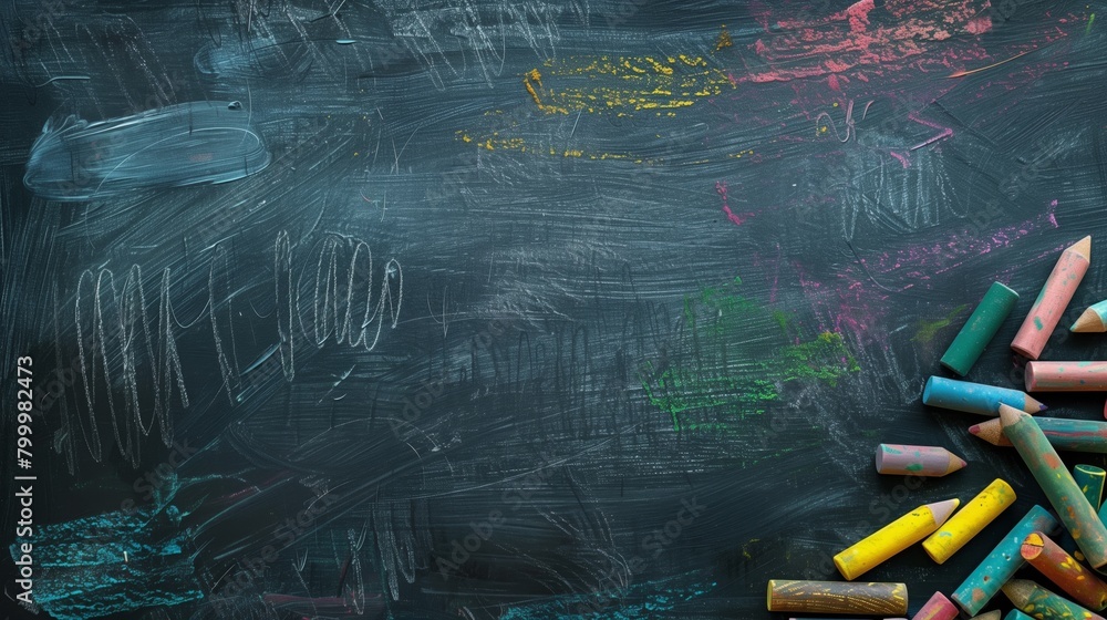 Colorful chalks scattered on a dark chalkboard with vibrant scribbles and smudges.