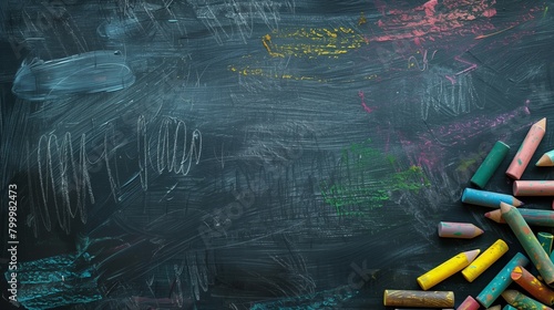 Colorful chalks scattered on a dark chalkboard with vibrant scribbles and smudges.