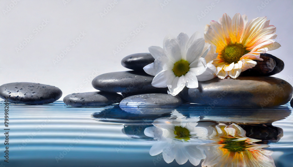 spa stones with flowers reflecting in water spa stones with flowers reflecting in water